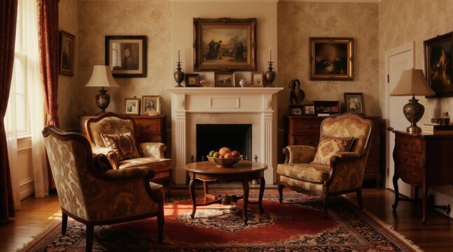 Elegant living room with antique furniture, patterned wallpaper, fireplace, and ornate rug. Ornate chairs surround a wooden coffee table with fruit bowl. Warm light streams in.