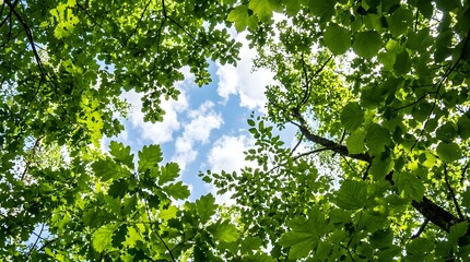 Fototapeta premium A serene daytime view looking up through lush green leaves towards a bright blue sky with white clouds.