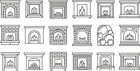 Fototapeta premium Fireplace illustrations with traditional brick, arched openings, stacked logs, and modern minimalist vector design concepts