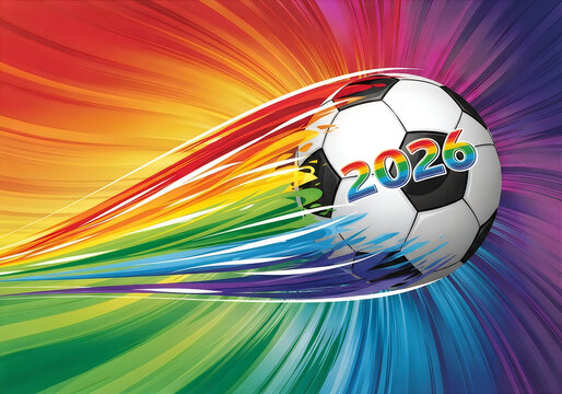 Vibrant Soccer Ball with Rainbow Colors and 2026 Text on Multicolored Background