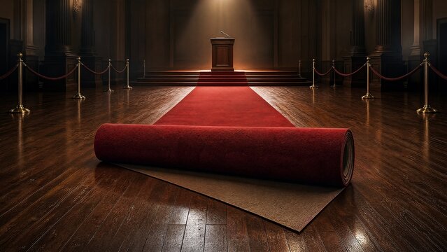 privilege. A red carpet being rolled up from a floor, leading to an empty podium. event programs, museum guides, designed for cultural heritage projects and event programs, supports education.