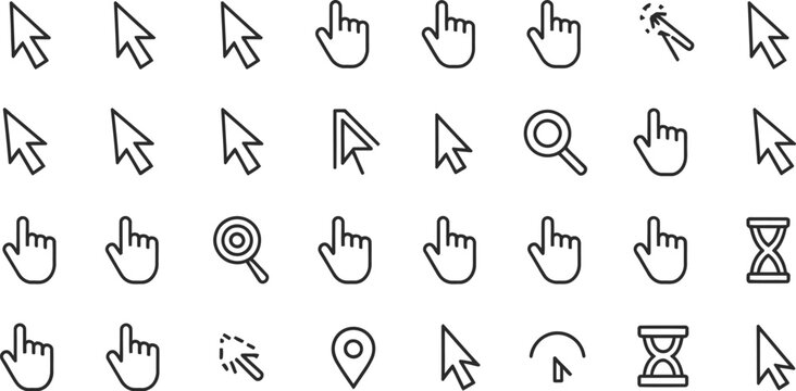 Collection of black outline computer cursor on white background pointer mouse cursor hand cursor