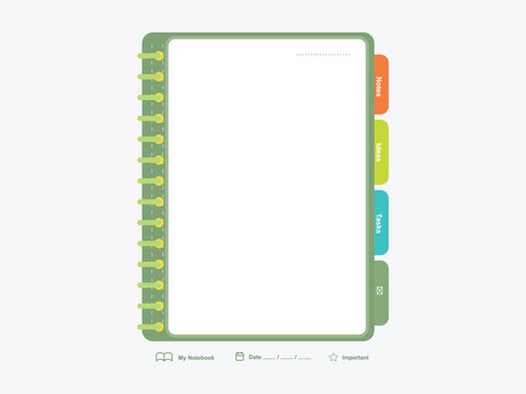Vertical spiral notebook planner page template with colorful tabbed dividers.