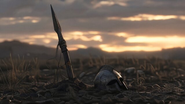 battlefield. A broken spear and dented helmet in soft dusk light, symbol of sacrifice. event programs, museum guides, designed for cultural heritage projects and event programs, preserves heritage.