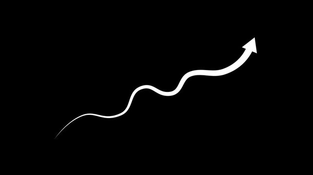 A single white curved arrow with a wavy trail ascends diagonally upwards on a plain black background signifying growth progress and forward movement. Keywords: arrow, white, curve, wave, upward