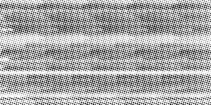 Abstract black and white halftone dot pattern with wavy optical illusion effect. Vector illustration
