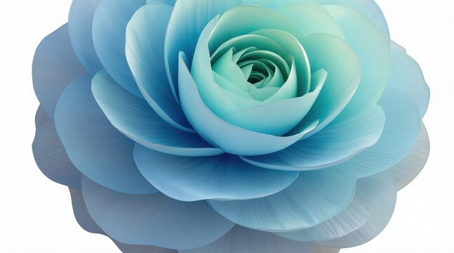 Abstract blooming shape in soft blue, mint hues. Layered petals create sense of depth, movement. Clean design for modern backgrounds or artistic concepts. Suitable for beauty wellness or spa themes.