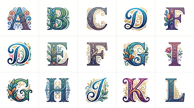 Elegant ornamental alphabet letters, intricately designed with vintage floral and leafy motifs. A collection of decorative capital initials for luxurious typography and sophisticated graphic projects