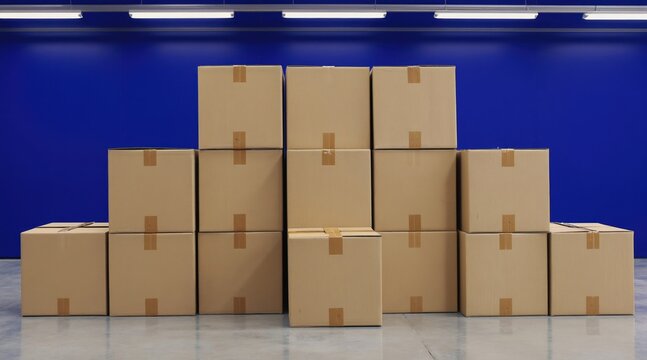 Cardboard boxes stacked neatly inside warehouse with vibrant blue walls and bright overhead lights. They are arranged in symmetrical pattern, suggesting order and efficiency in logistics or storage.