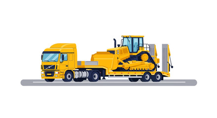Obraz premium Yellow Semi-Truck Transporting Large Bulldozer on Low-Loader Trailer Flat Vector Illustration Isolated on White
