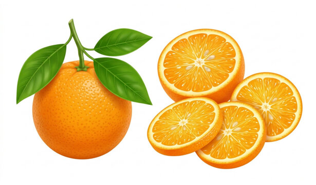 Orange whole and slices vector illustration with fresh citrus fruit isolated design