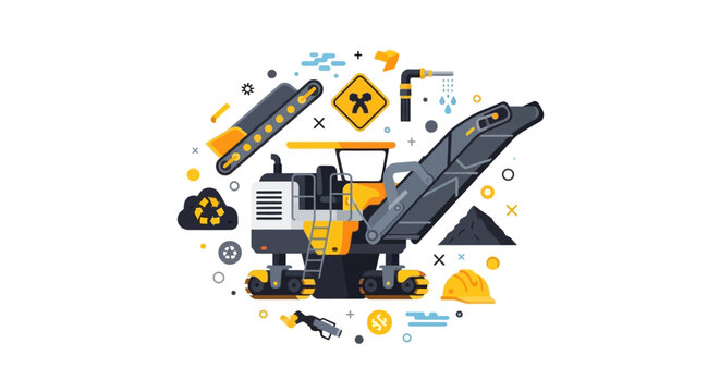 Modern Flat Illustration of a Cold Milling Machine for Road Pavement Construction and Asphalt Recycling Projects