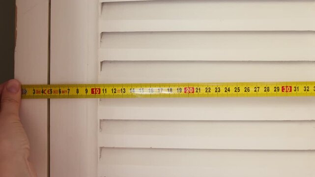 Close-up of hand measuring wardrobe door with tape measure at home. Home renovation, furniture sizing, interior planning and DIY improvement concept. High quality 4k footage