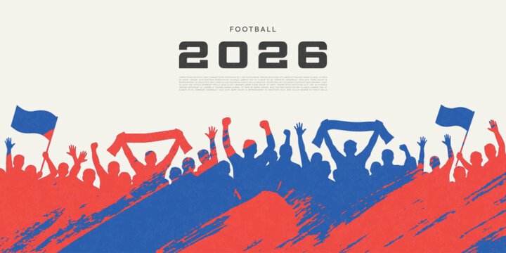 Football supporters with waving flags in stadium crowd. Red and blue fan silhouettes with grunge brush texture for posters, banners and sports backgrounds for football events. Vector illustration