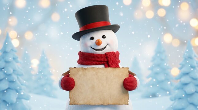 A cheerful snowman made of three stacked snowballs wearing a black top hat with a red band, a red scarf, and red mittens, with a carrot nose and coal eyes. He&rsquo;s holding a blank parchment in both hands