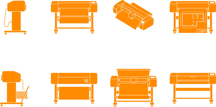 Industrial Wide Format Plotter Printer Vector Icon Set for Architectural Blueprints, Digital Printing Services & Engineering Technical Drawings (EPS)