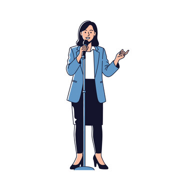 A woman speaking into a microphone confidently.