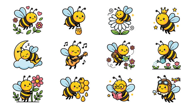 Collection of Cute Cartoon Bees Engaged in Various Activities, Perfect for Children's Designs and Educational Materials