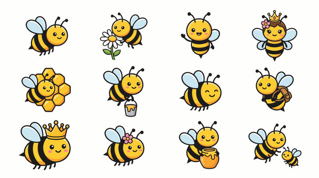 Cute cartoon honeybee vector icon collection. Adorable characters in playful poses with flowers, honey, and honeycomb. Perfect for charming and sweet design projects
