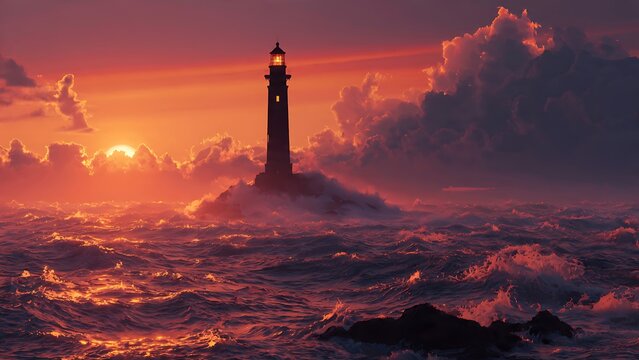 Golden hour lighthouse beacon over stormy ocean waves.