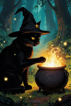 Black cat in witch hat near cauldron with bright fire. It sits in dark forest with glowing lights. Magical atmosphere, fantasy theme for Halloween.