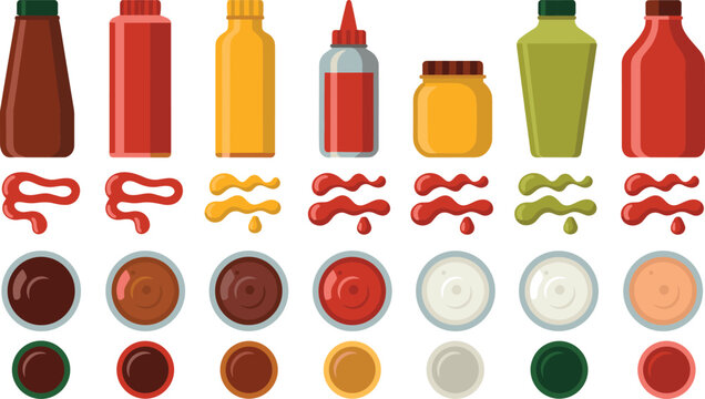 Condiment bottle and sauce illustrations with ketchup, mustard, mayonnaise, barbecue, hot sauce, relish, and dip vector concepts