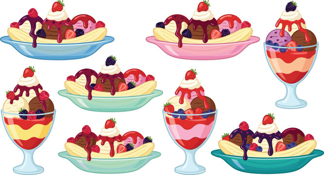 Delicious Banana Split Ice Cream Sundae Collection Set With Berry Toppings Whipped Cream And Chocolate Sauce Dessert Vector Illustration
