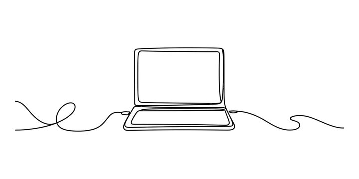 Laptop computer line art drawing with cord, minimalistic style