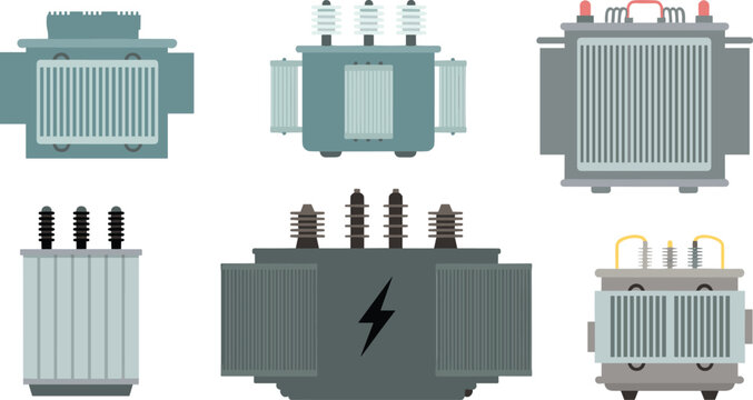 Electrical transformer illustrations with cooling fins, bushings, insulators, and power transmission vector engineering design concepts