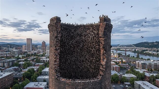 Vaux's swifts (Chaetura vauxi) rest inside a towering chimney stack right in the middle of Portland, USA.
