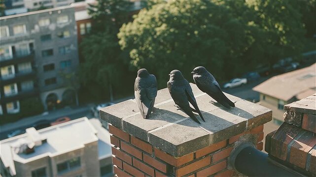 Vaux's swifts (Chaetura vauxi) rest inside a towering chimney stack right in the middle of Portland, USA.
