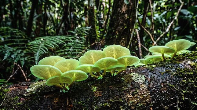 Time lapse of Panellus Stipticus mushroom growing and glows in the dark in tropical forest at night, Amazon rainforest, Brazil. The bioluminescent fungus also known as foxfire .
