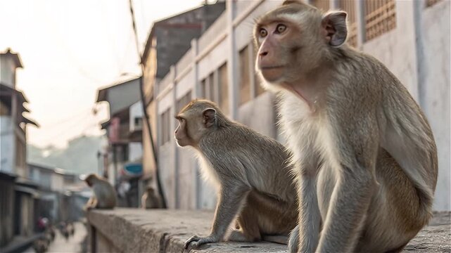 Troops of long-tailed macaques living in urban areas, Lopburi, Thailand.
