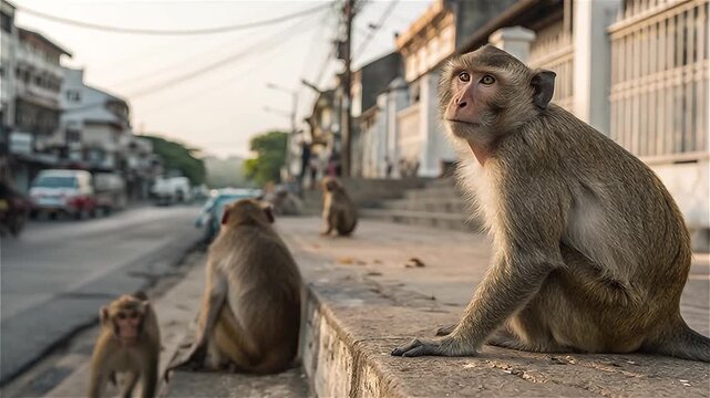 Troops of long-tailed macaques living in urban areas, Lopburi, Thailand.
