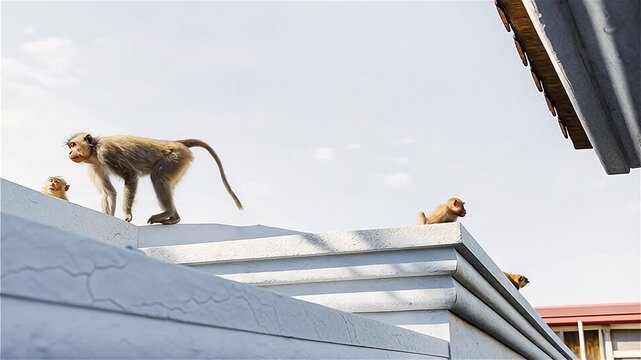Troops of long-tailed macaques living in urban areas, Lopburi, Thailand.
