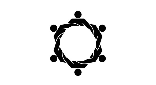 Abstract circular icon of six people holding hands in a unity circle.