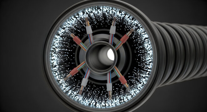 High Tech Fiber Optic Cable Cross Section with Glowing Data Strands