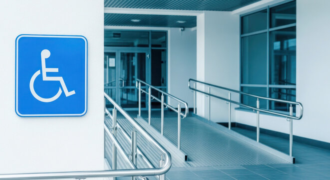 Accessibility ramp with blue handicap sign leading to a modern building entrance, featuring glass doors and metal railings