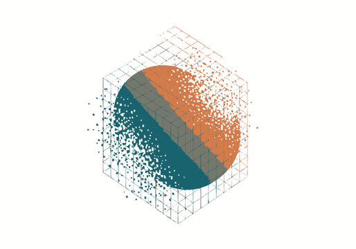 Abstract 3D Isometric Cube with Disintegrating Teal and Orange Sphere, Digital Data Fragmentation Concept