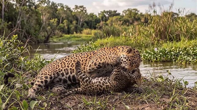 Mother Jaguar and cub (Panthera onca) playing at Pantanal wetlands, Brazil. 