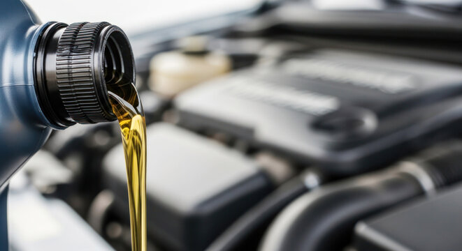 Engine oil pouring from a bottle into a car engine compartment, showcasing mechanical components and automotive details in a close-up view