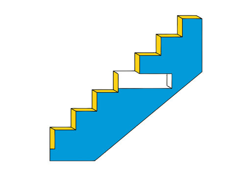 Isometric Blue and Yellow Staircase Illustration with a Missing Step Representing Business Obstacles and Progress Gaps