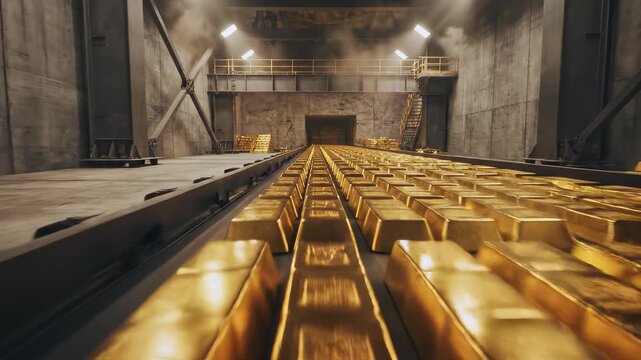 AI generated 4k footage of gold ingots moving on conveyor in dim warehouse lighting.