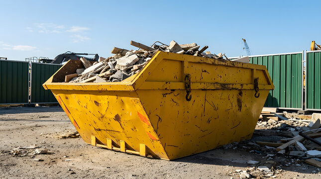 Yellow industrial skip bin filled with construction debris