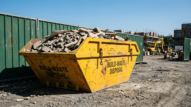 Yellow industrial skip bin filled with construction debris