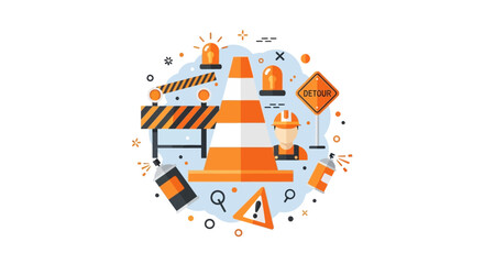 Fototapeta premium Construction Site Safety and Road Work Vector Illustration with Traffic Cone, Worker, Barrier, and Warning Signs