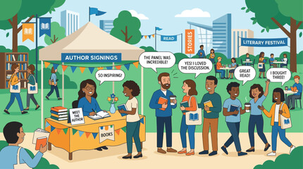 Naklejka premium This flat design vector illustrates a bustling literary festival scene, showing writers and readers networking, sharing ideas, and celebrating books within a vibrant community setting.
