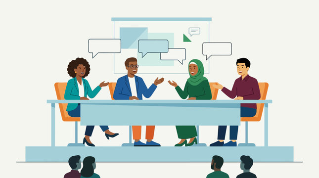 A vibrant flat design illustration depicting a diverse group of panelists engaging in a lively discussion about literature and culture on a minimalist stage.