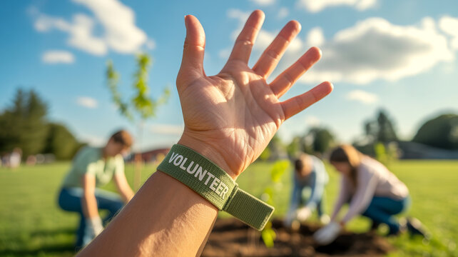 First person POV close-up of hand wearing green volunteer wristband with blurred people planting trees