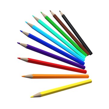 Set of Colorful Wooden Colored Pencils Arranged in Fan Shape on White Background